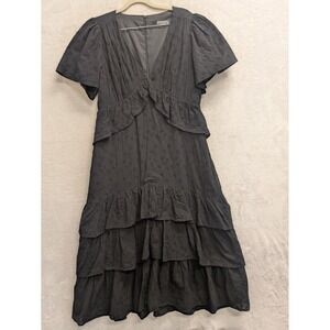 Disturbia Black Broderie Anglaise Tiered Midi Dress Ruffle V-Neck Flutter Sleeve